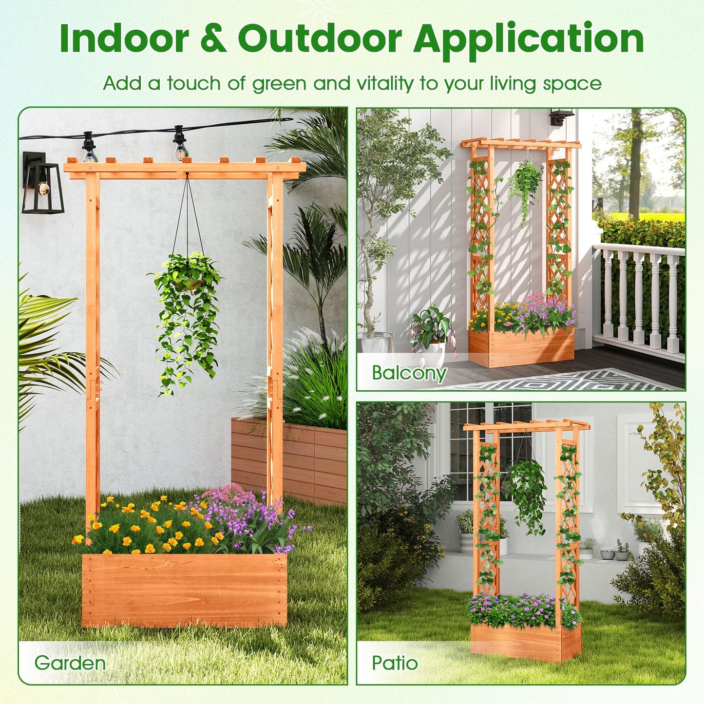 78x36x152cm Garden Planter with Trellis Hanging Roof and Drainage Holes