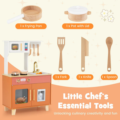 Wooden Play Kitchen with Cookware Accessories for Ages 3-6