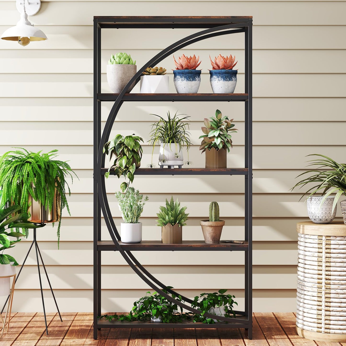 5-Tier Industrial Etagere Bookshelf with Open Storage Shelves and Arc-Shaped Design