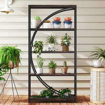 5-Tier Industrial Etagere Bookshelf with Open Storage Shelves and Arc-Shaped Design