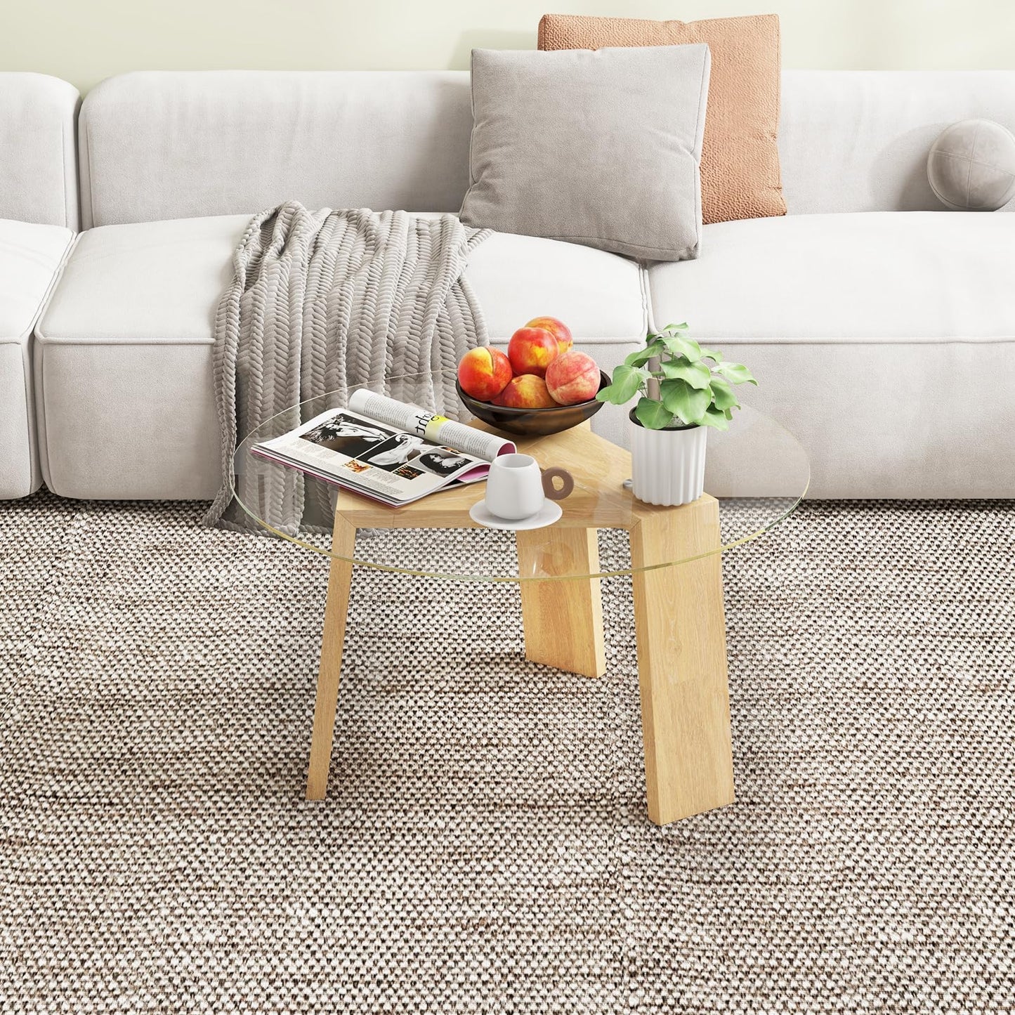 Round Coffee Table with Rubber Wood Tripod Support Frame