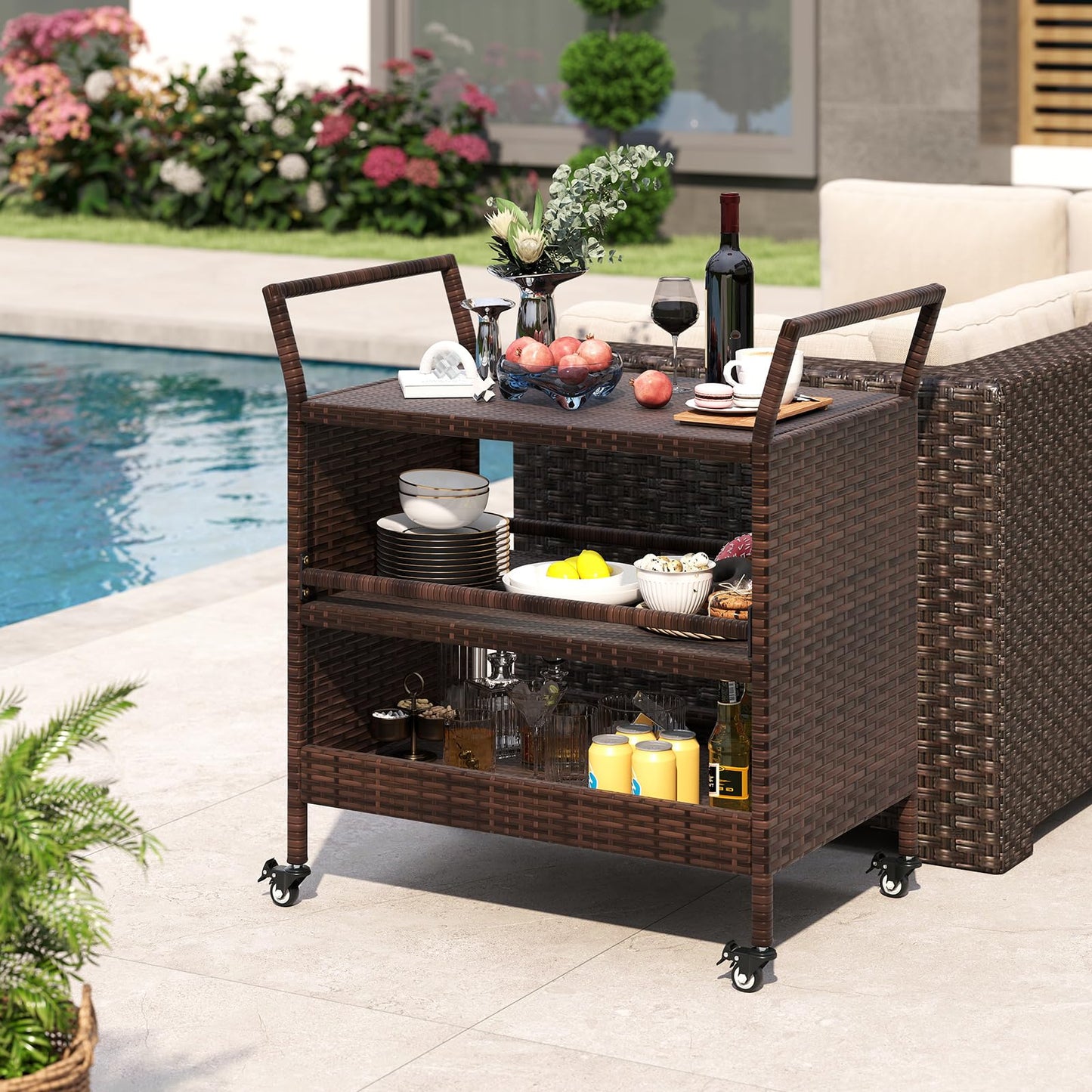 Outdoor Bar Cart 3-Tier Patio Rattan Storage Shelf with Lockable Universal Wheels