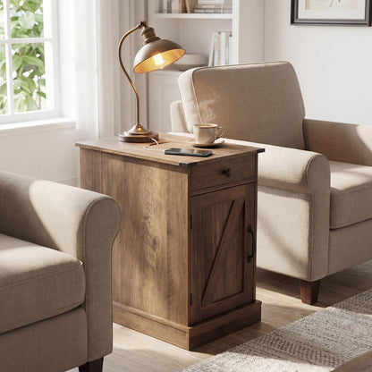 End Table with Charging Station Farmhouse Bedside Table with Storage Drawer