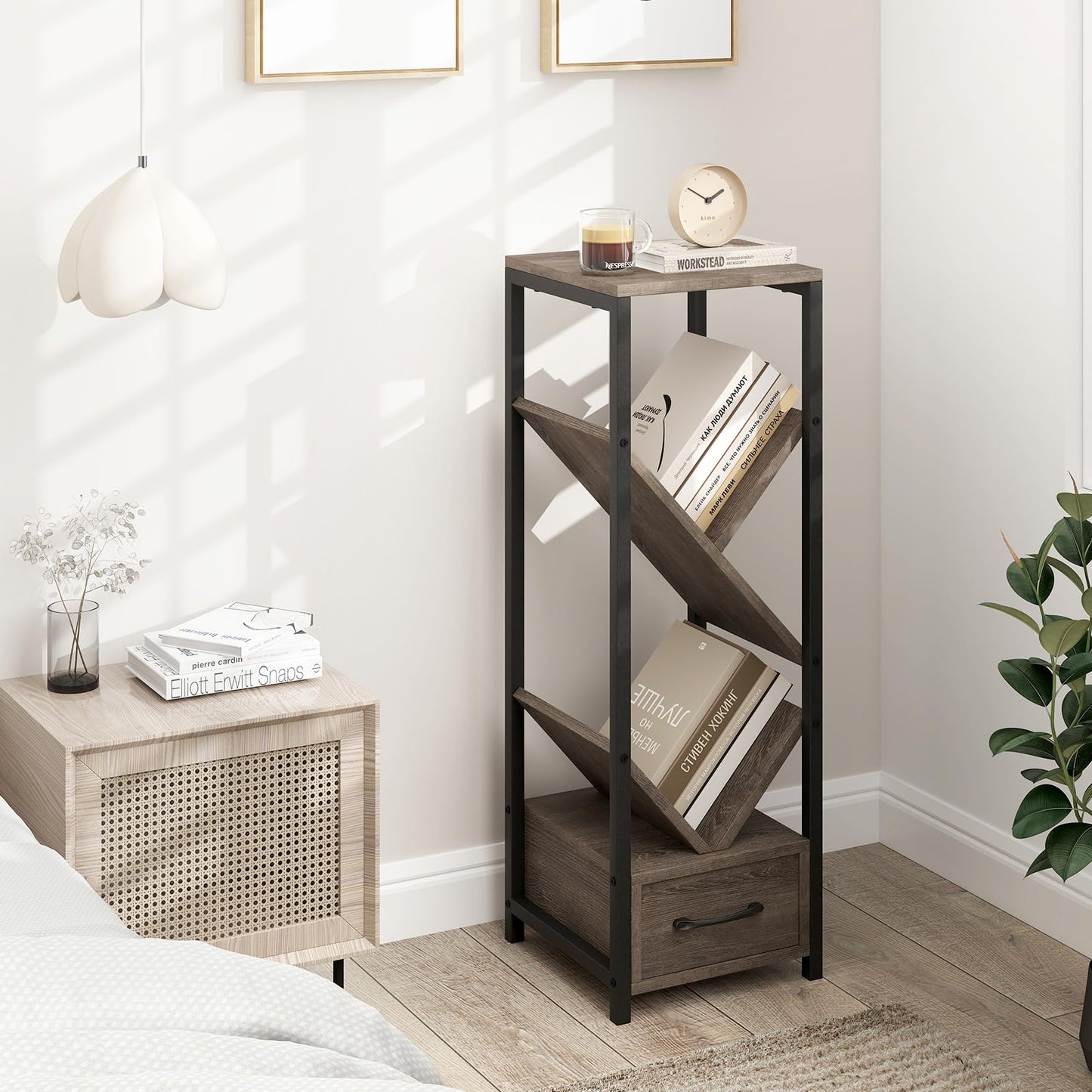 4 Tier Floor Standing Storage Organizer Tree Bookshelf with Drawer