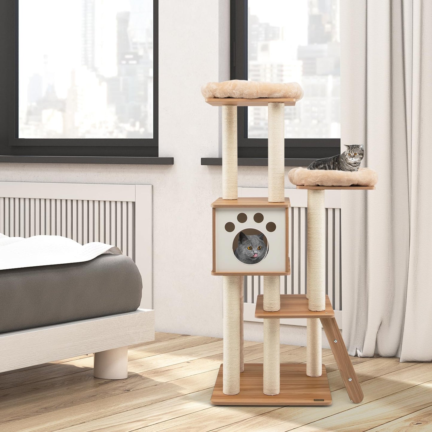 5-Tier Cat Tree Tower with Cando and 2 Padded Plush Perches
