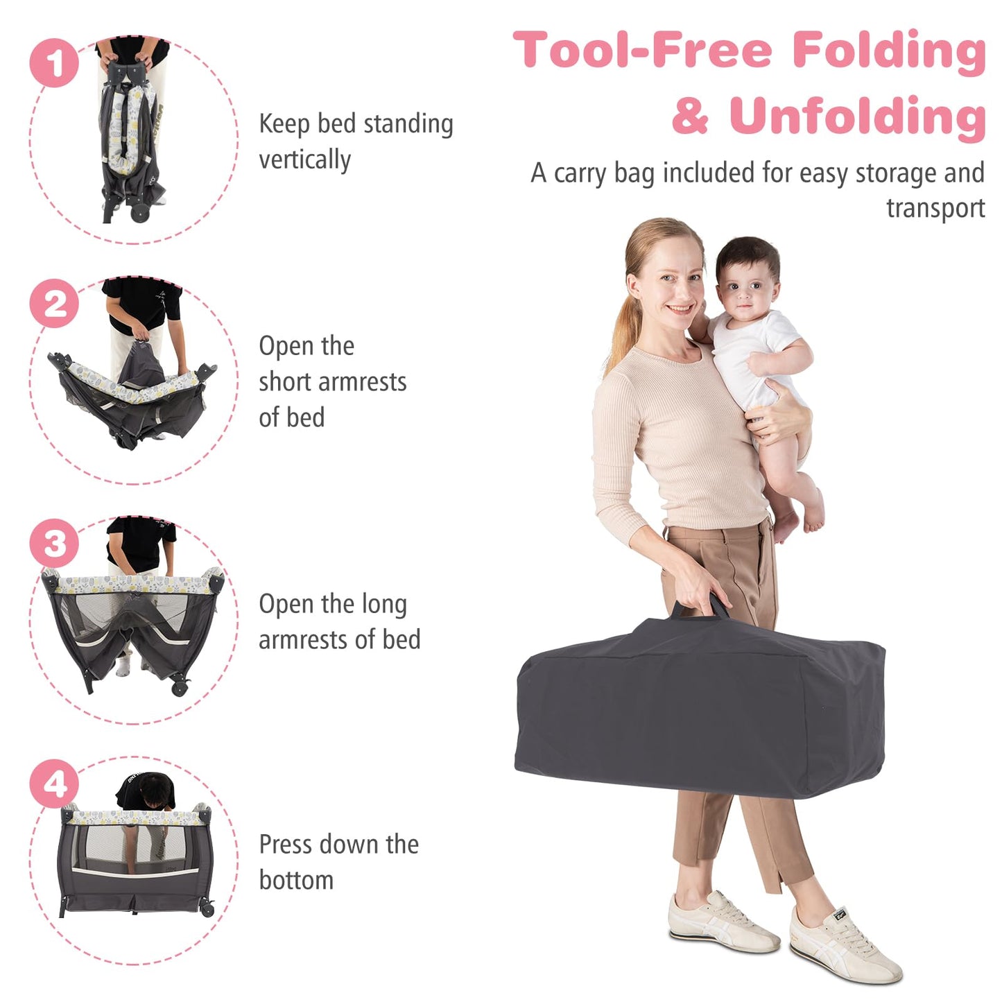 5 in 1 Portable Pack and Play with Bassinet and Mattress