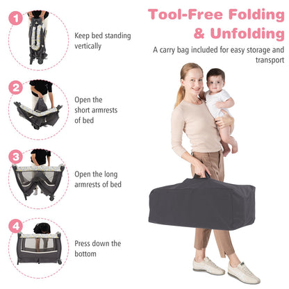 5 in 1 Portable Pack and Play with Bassinet and Mattress