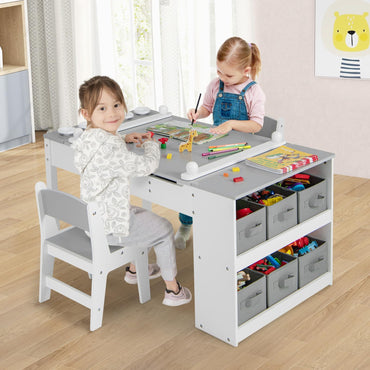 2-in-1 Kids Art Table and Chairs Set, Wooden Toddler Craft Easel Desk with 2-Tier Open Shelf