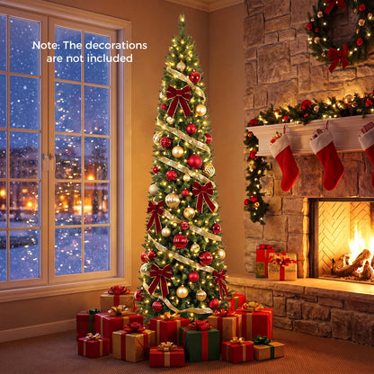7FT Pre-Lit Artificial Christmas Tree, Slim Pencil Xmas Tree