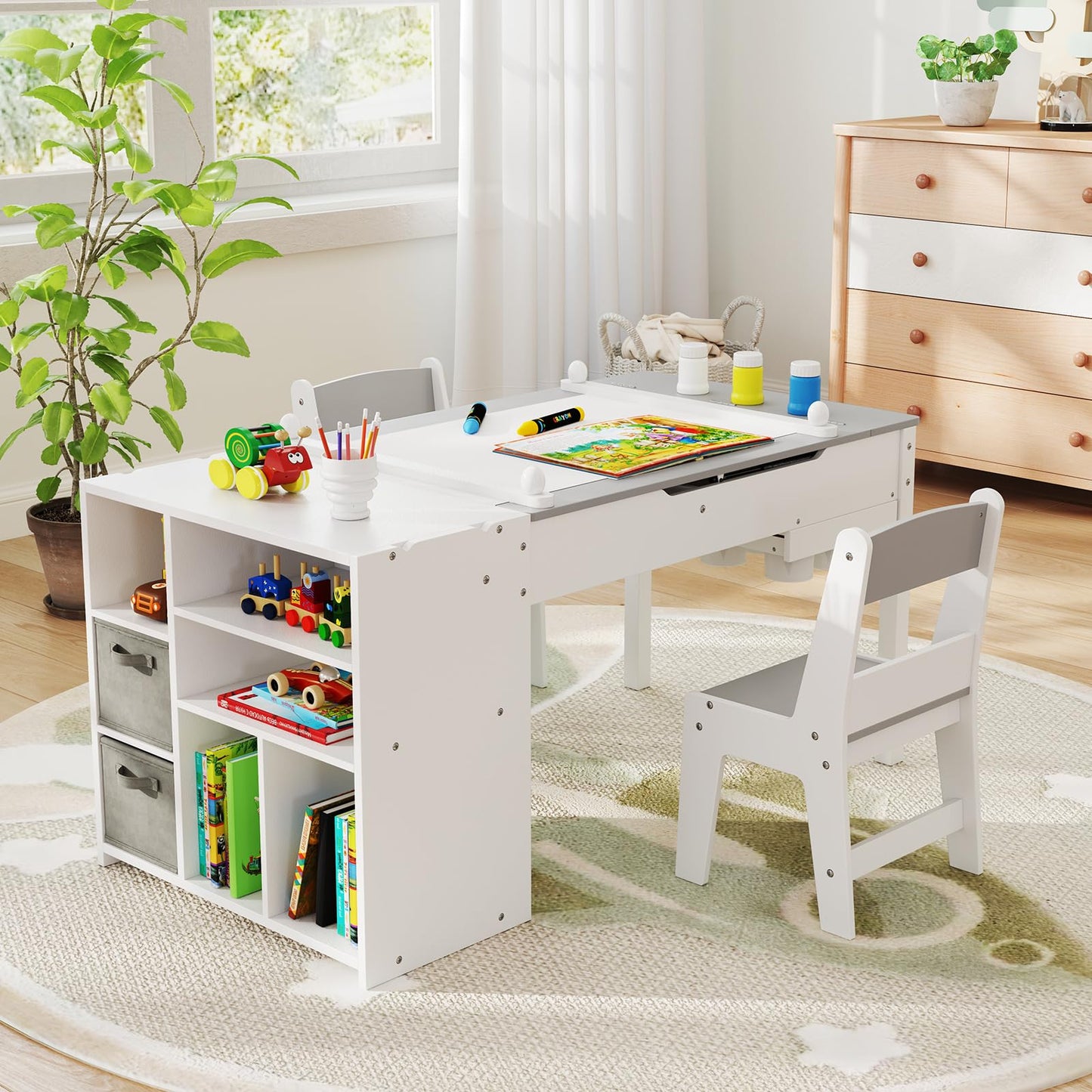 Kids Art Craft Table and Chairs Set with Paper Roll Flip up Tabletop