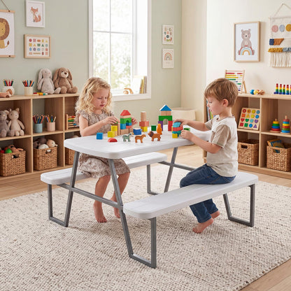 Camping Table and Chairs with Umbrella Hole and Metal Frame for Boys Girls Ages 3-8