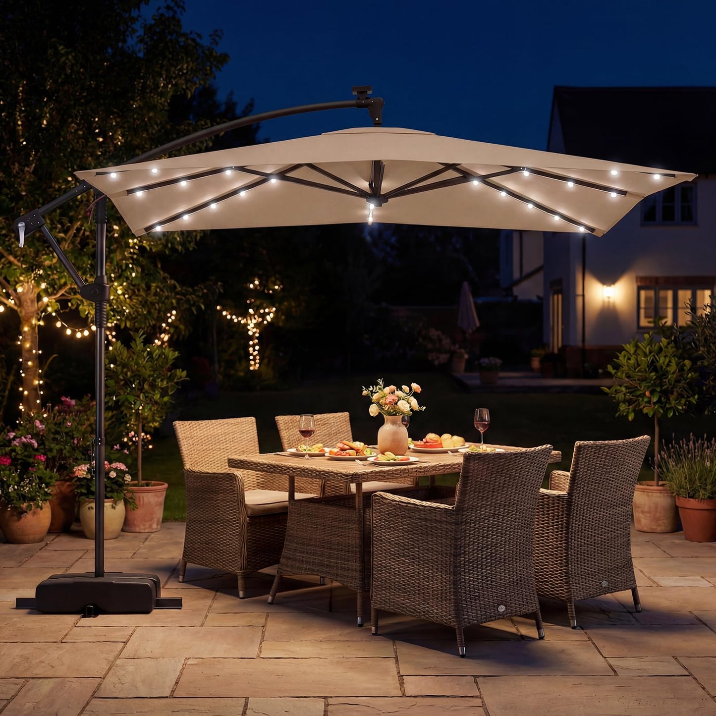 2.5M Cantilever Garden Parasol, Square Offset Banana Umbrella with 32 Solar LED Lights, 360° Rotation