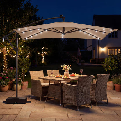 2.5M Cantilever Garden Parasol, Square Offset Banana Umbrella with 32 Solar LED Lights, 360° Rotation