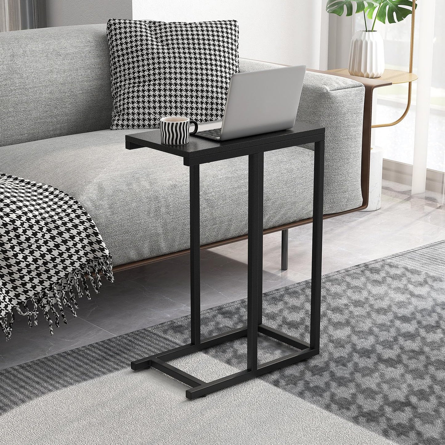 C Shaped End Table for Couch and Bed with Metal Frame