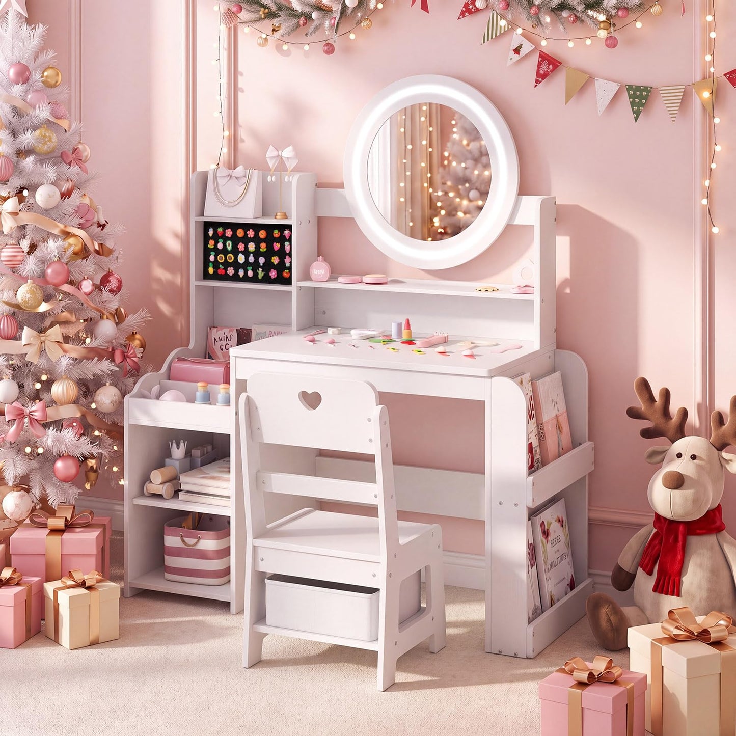 Kids Dressing Table with Lighted Mirror (White, With Storage