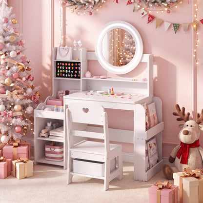 Kids Dressing Table with Lighted Mirror (White, With Storage