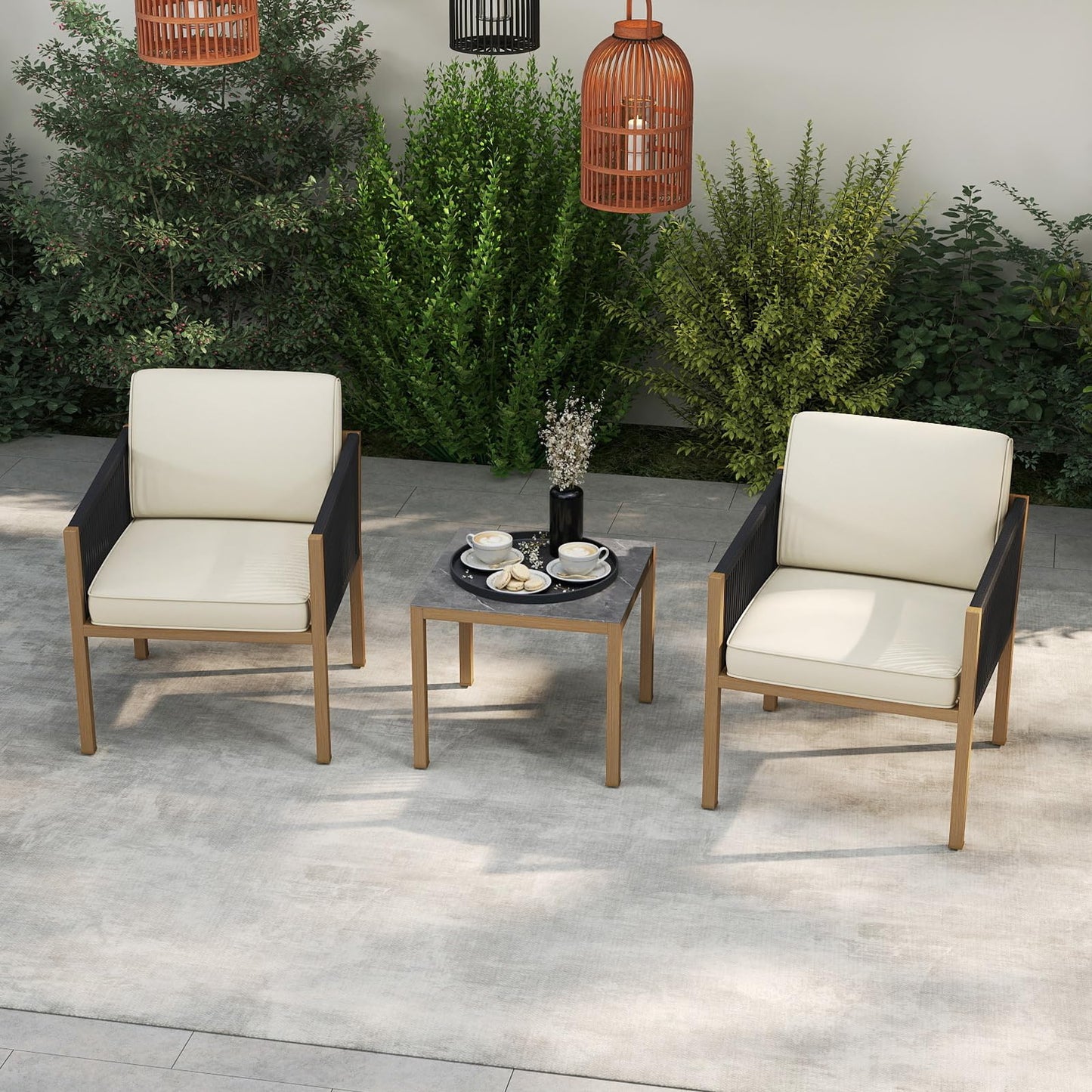 3PCS Patio Bistro Set, Woven Rope Outdoor Conversation Set with Cushions