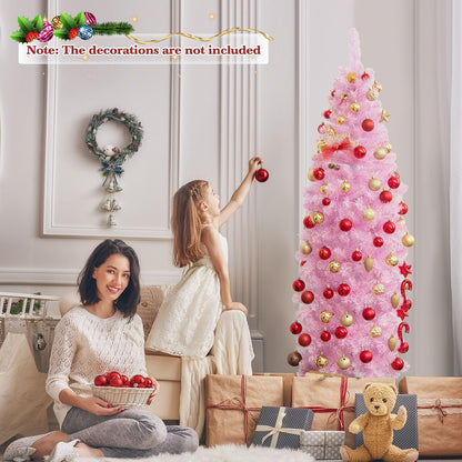 180 cm Pink Slim Xmas Tree with 475 Branch Tips and 250 Cold White LED Lights