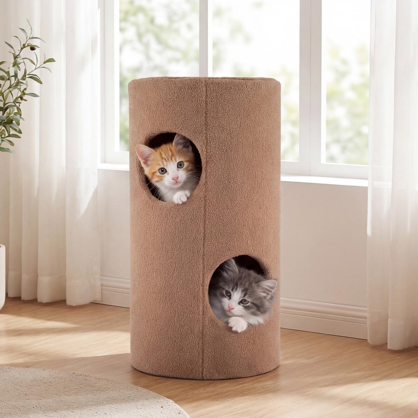 2-Tier Cat House for Indoor Cats with Sisal Scratching Mat Hideaway Cave and Bear Accents