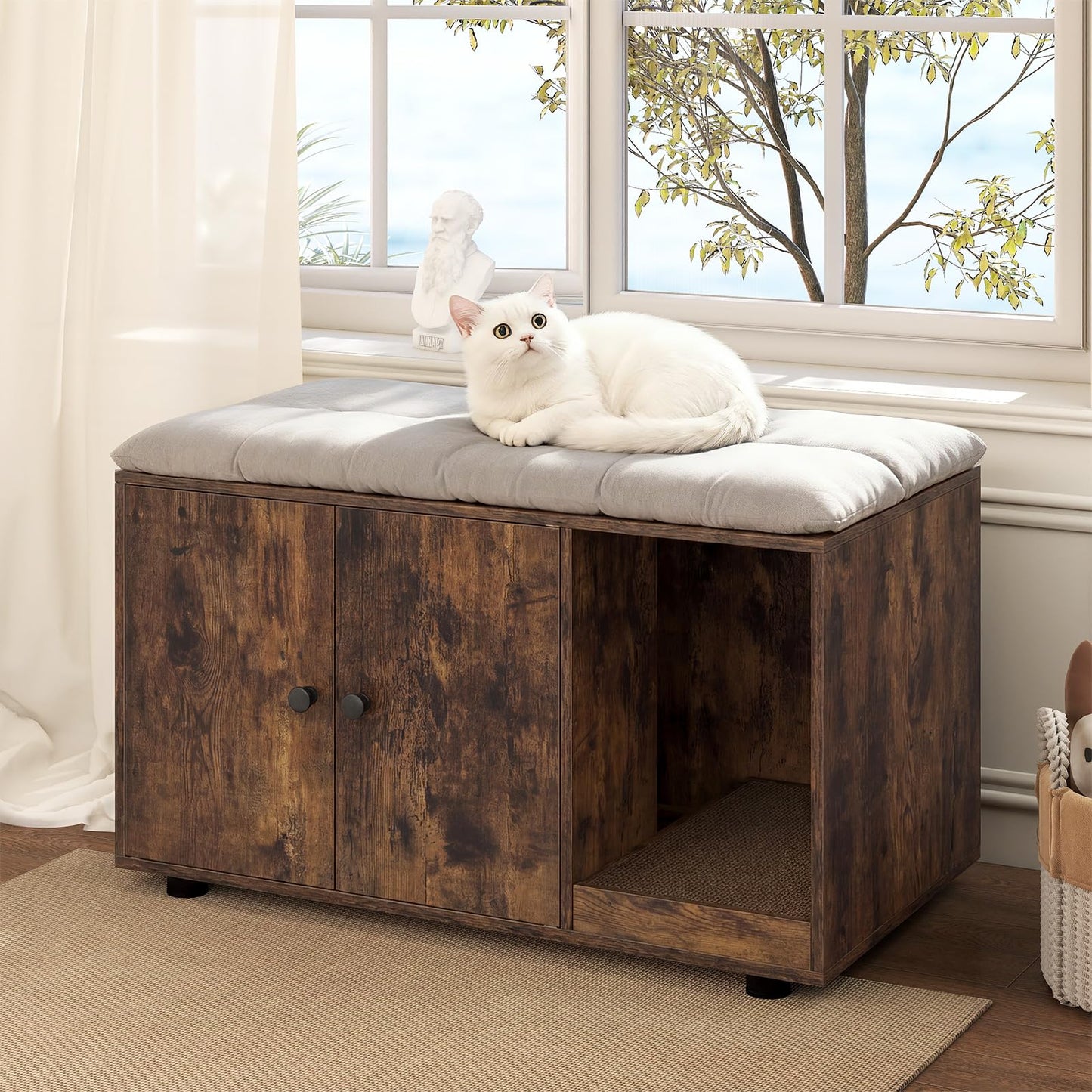 Wooden Cat Litter Box Enclosure Hidden Litter Box Furniture with Scratching Board