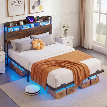 King Size Bed Frame with LED Lights and Charging Station