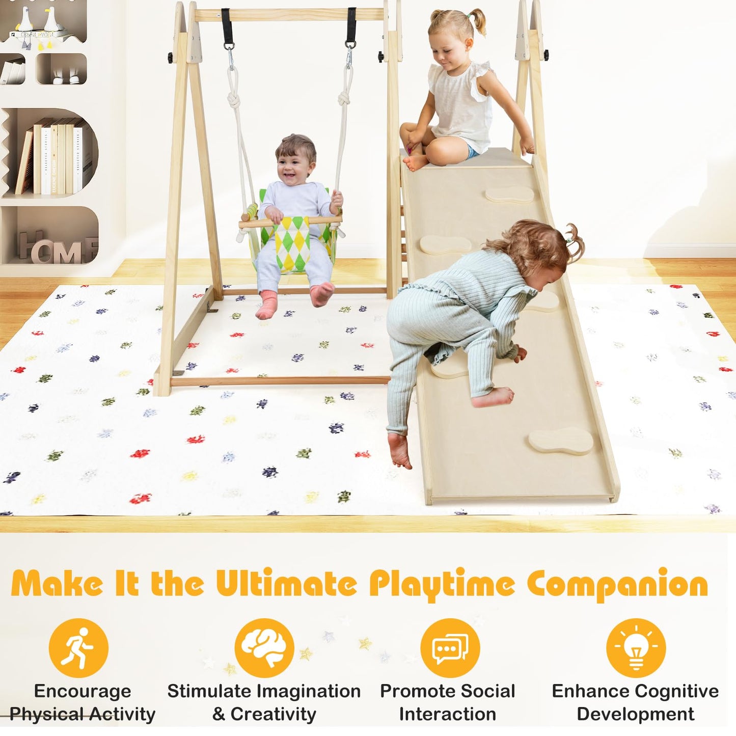 Kids Climbing Frame, Wooden Children Climber Playset with Swing, Ladder