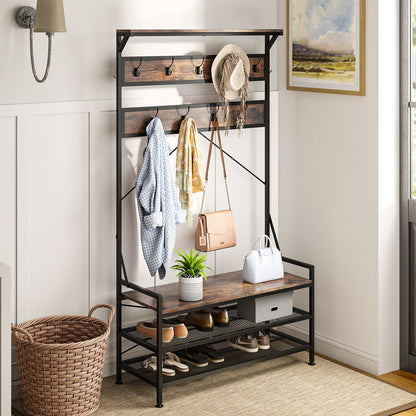 4 In 1 Coat Rack with 11 Hanging Hooks and Shoe Bench for Mudroom
