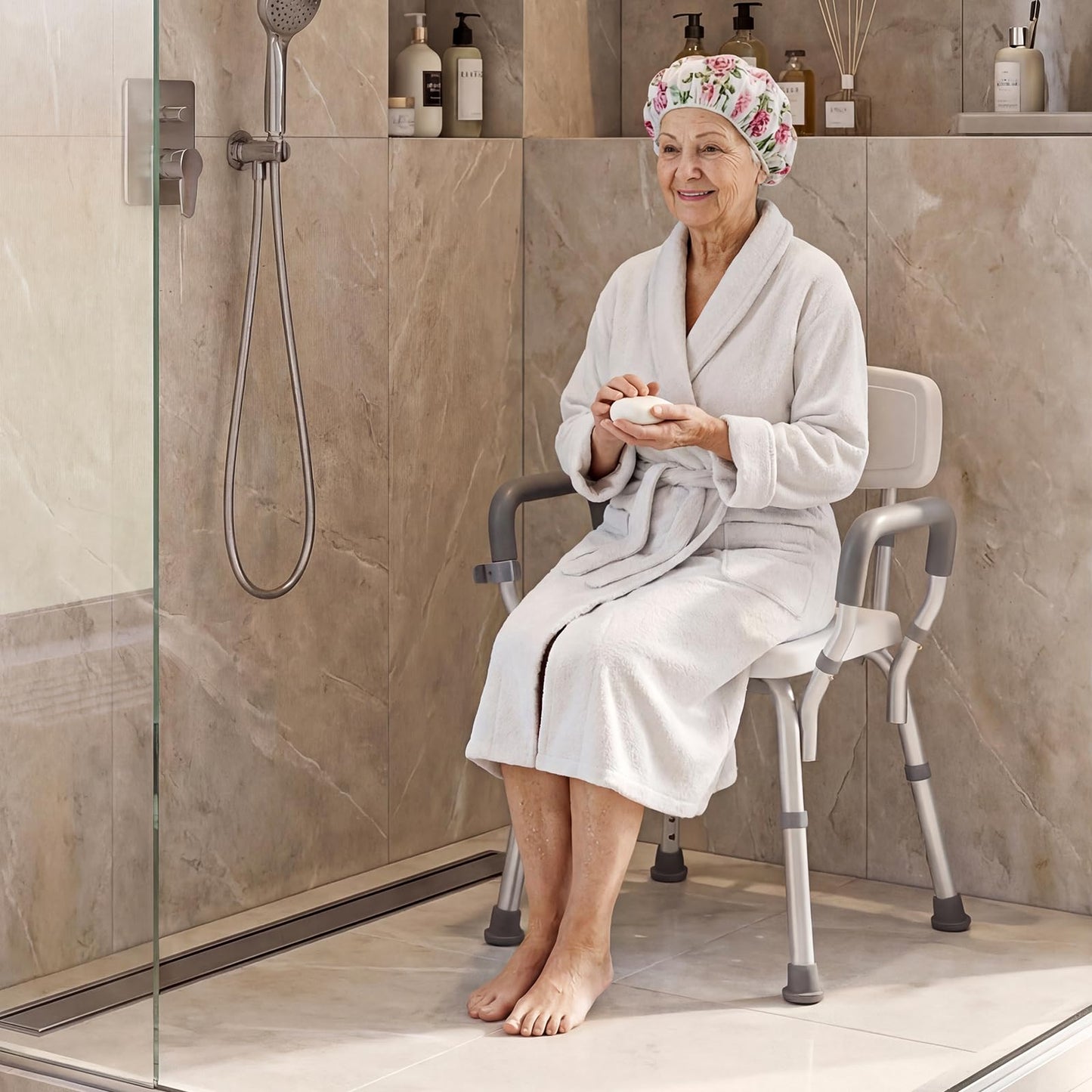 Shower Chair with Back and Arms, 6 Height Adjustable Bath Seat Shower Stool