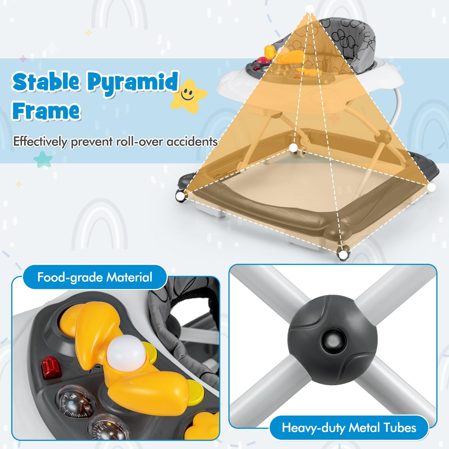 5 in 1 Baby Walker Foldable Push Along Walkers with Adjustable Height