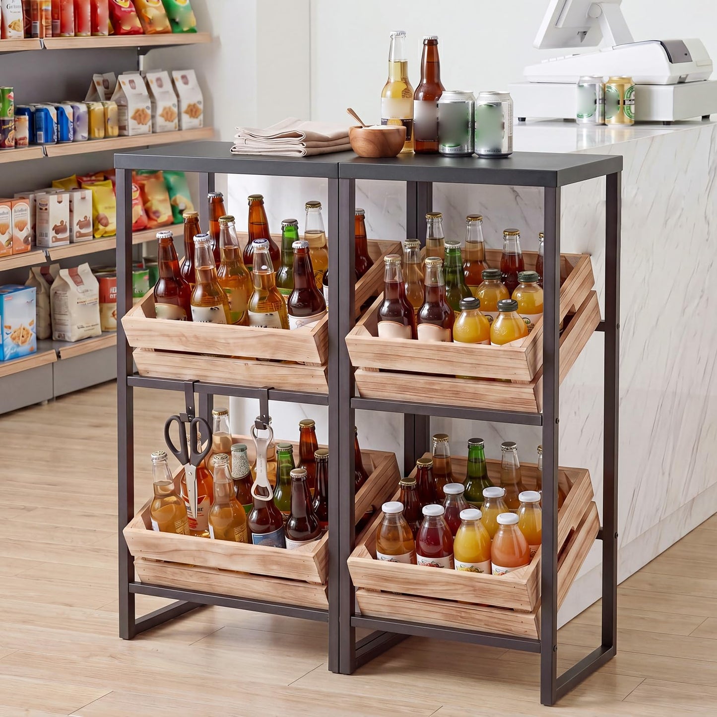 3-Tier Drink Crate Rack, Metal Bottle Storage Shelf with 3 Adjustable Angles & 2 Hooks