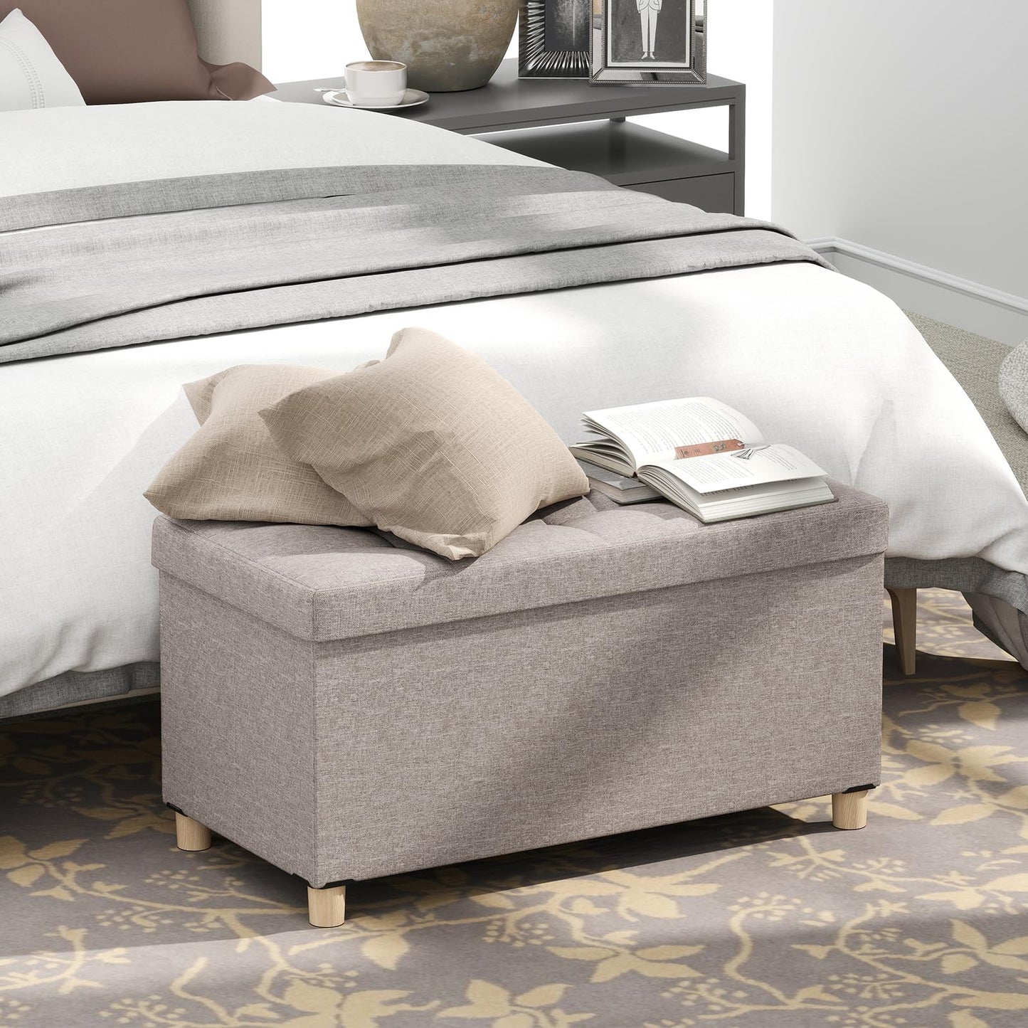 Linen Fabric Storage Ottoman Bench with Tray and Rubber Wood Legs
