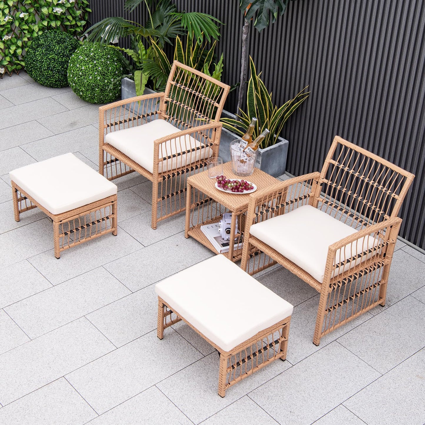 5-Piece Garden Rattan Furniture Set with Cushions