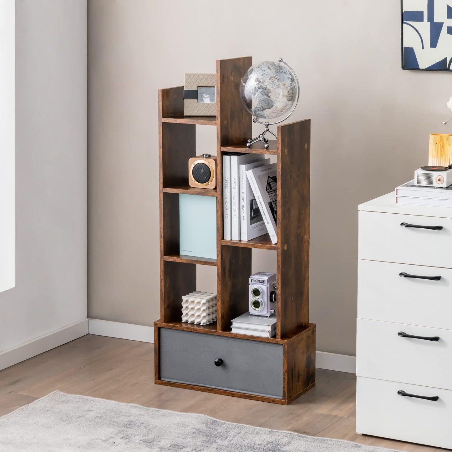 7/12-Tier Wooden Bookshelf with Folding Drawer for Study Living Room