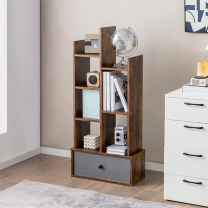 7/12-Tier Wooden Bookshelf with Folding Drawer for Study Living Room