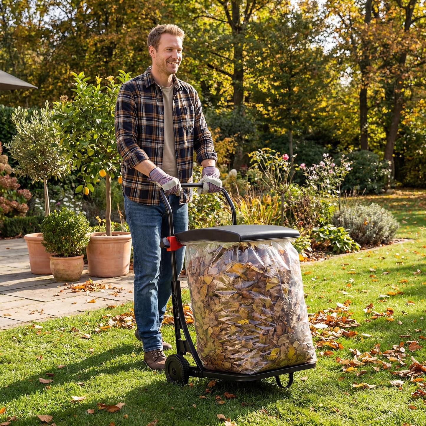 Trash Bag Holder Cart, Height Adjustable Garden Leaf Bag Stand with Wheels and Lid