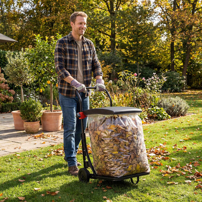 Trash Bag Holder Cart, Height Adjustable Garden Leaf Bag Stand with Wheels and Lid