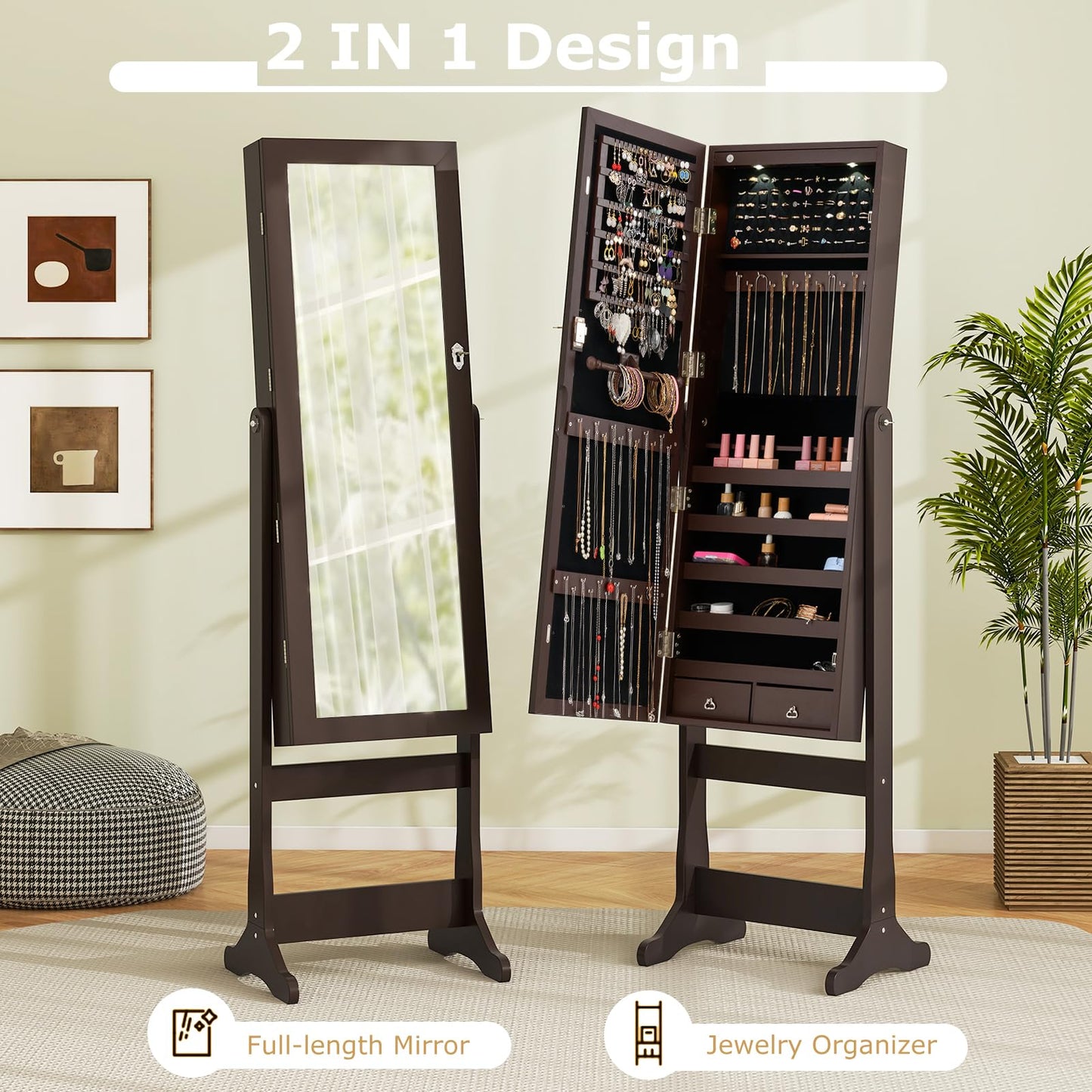 Freestanding Jewelry Armoire Cabinet with Inner LED Lights and 4 Adjustable Tilt Angles
