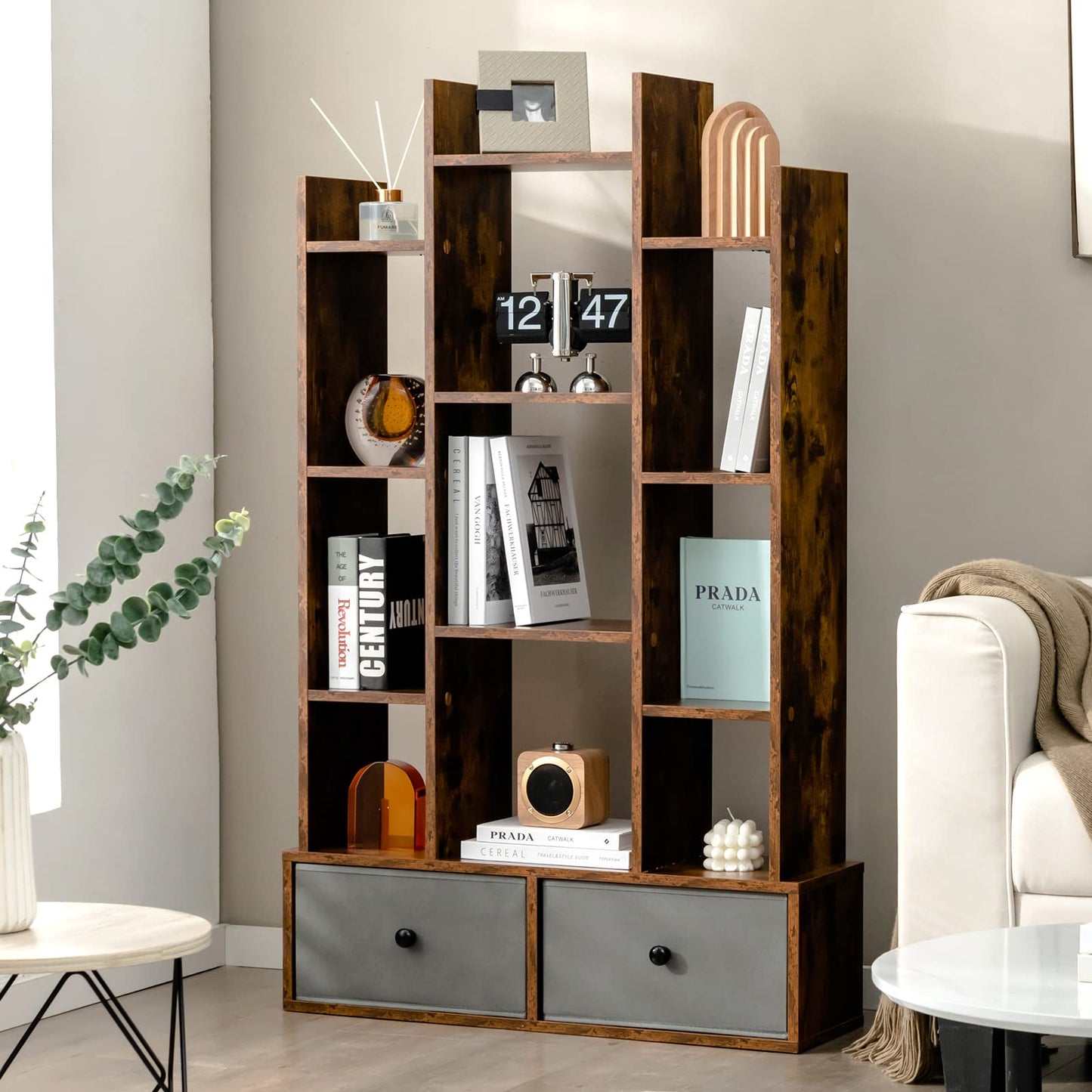 7/12-Tier Wooden Bookshelf with Folding Drawer for Study Living Room