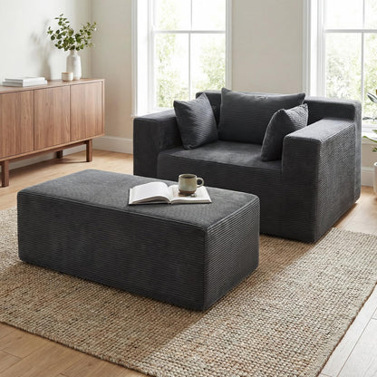 Single Floor Sofa Bed with Ottoman & 3 Pillows, Corduroy Chaise Lounge Chair Boneless Couch