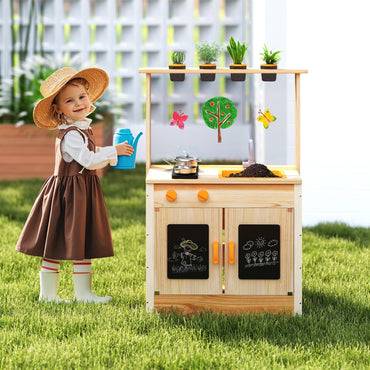 Fir Wood Play Kitchen with Planting Pots and Removable Sink for Backyard Garden