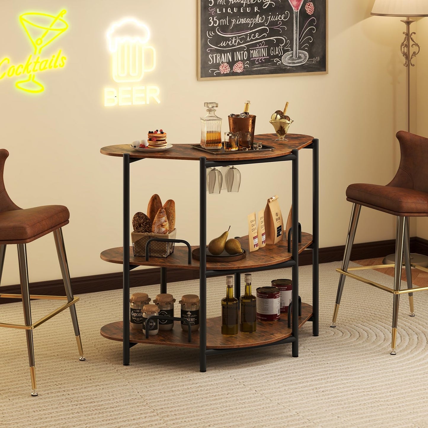 3-Tier Home Bar Unit with Stemware Racks and Storage Shelves