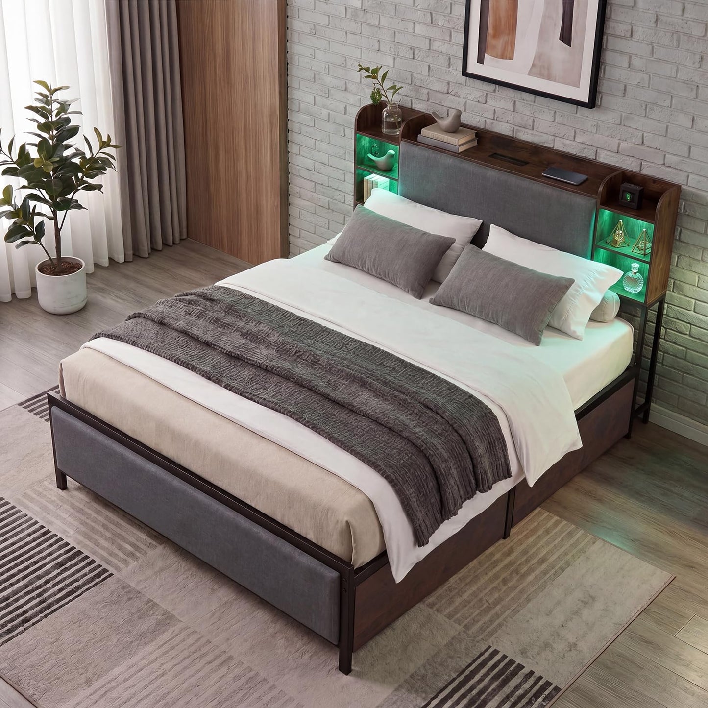 Double/King Size Bed Frame with LED Lights, Charging Station, Storage Headboard