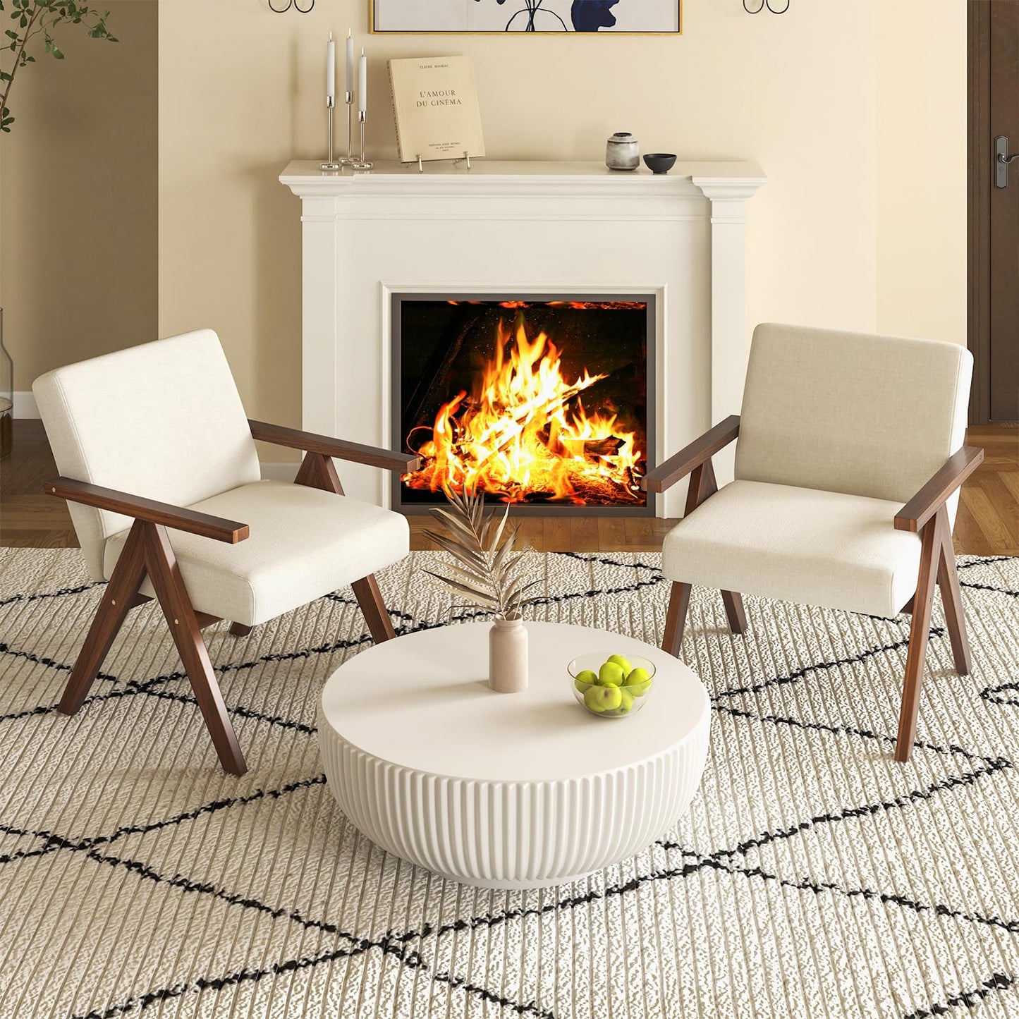 Modern Accent Chair Linen Fabric Armchair with Solid Acacia Wood Frame