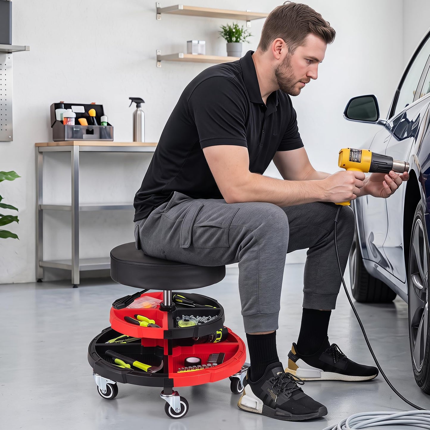 150 KG Max Load Rolling Mechanic Stool with Cushioned Seat Dual Tool Trays for Repair Shop