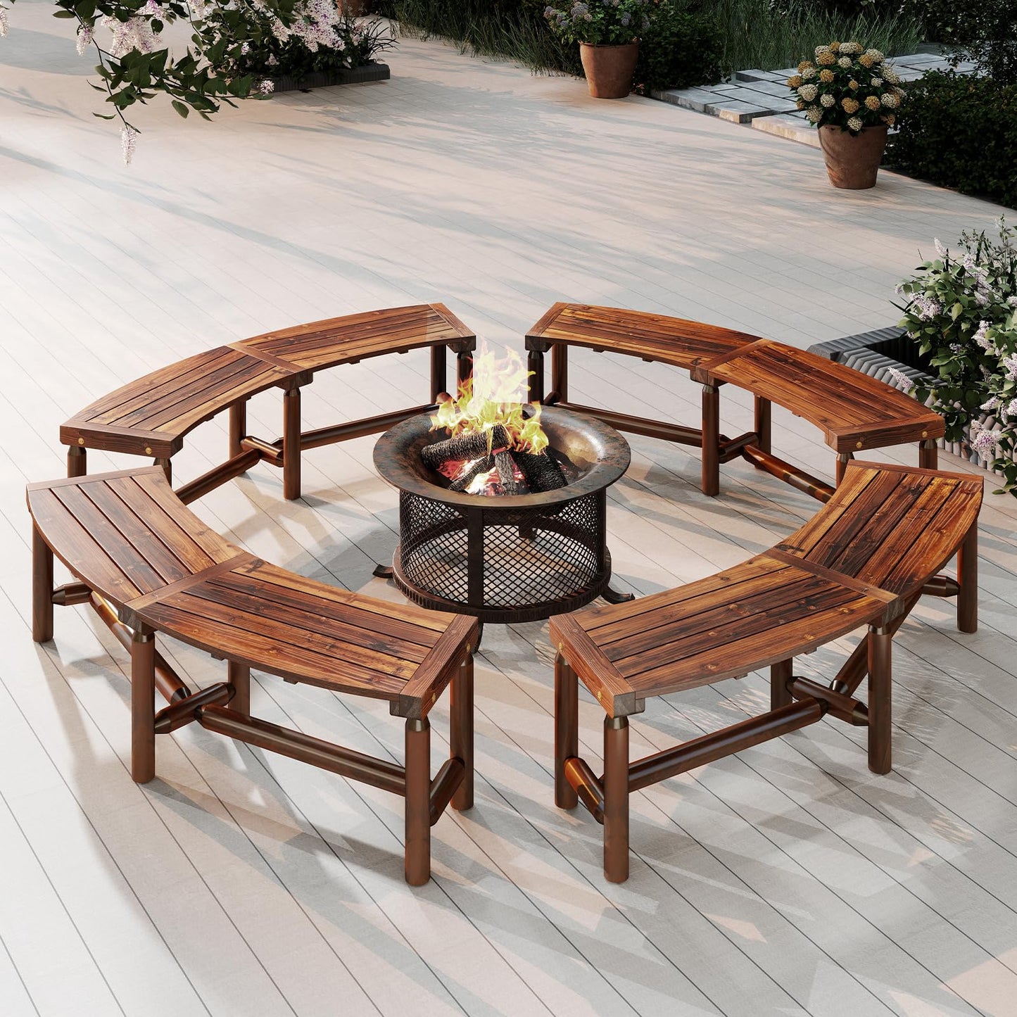2-3 People Garden Bench, Wooden Curved Fire Pit Bench, Outdoor Loveseat Leisure Porch Seating