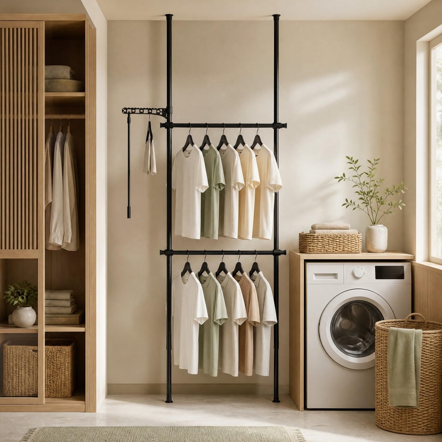 Adjustable Floor to Ceiling Clothes Rack with Double Rods & Folding Drying Rack for Laundry