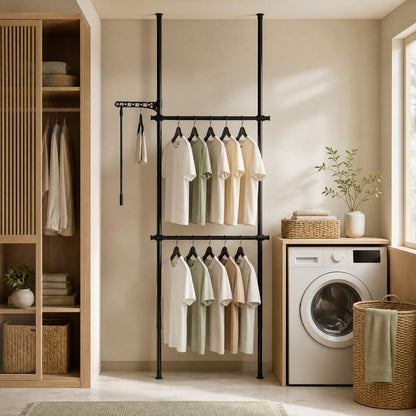 Adjustable Floor to Ceiling Clothes Rack with Double Rods & Folding Drying Rack for Laundry