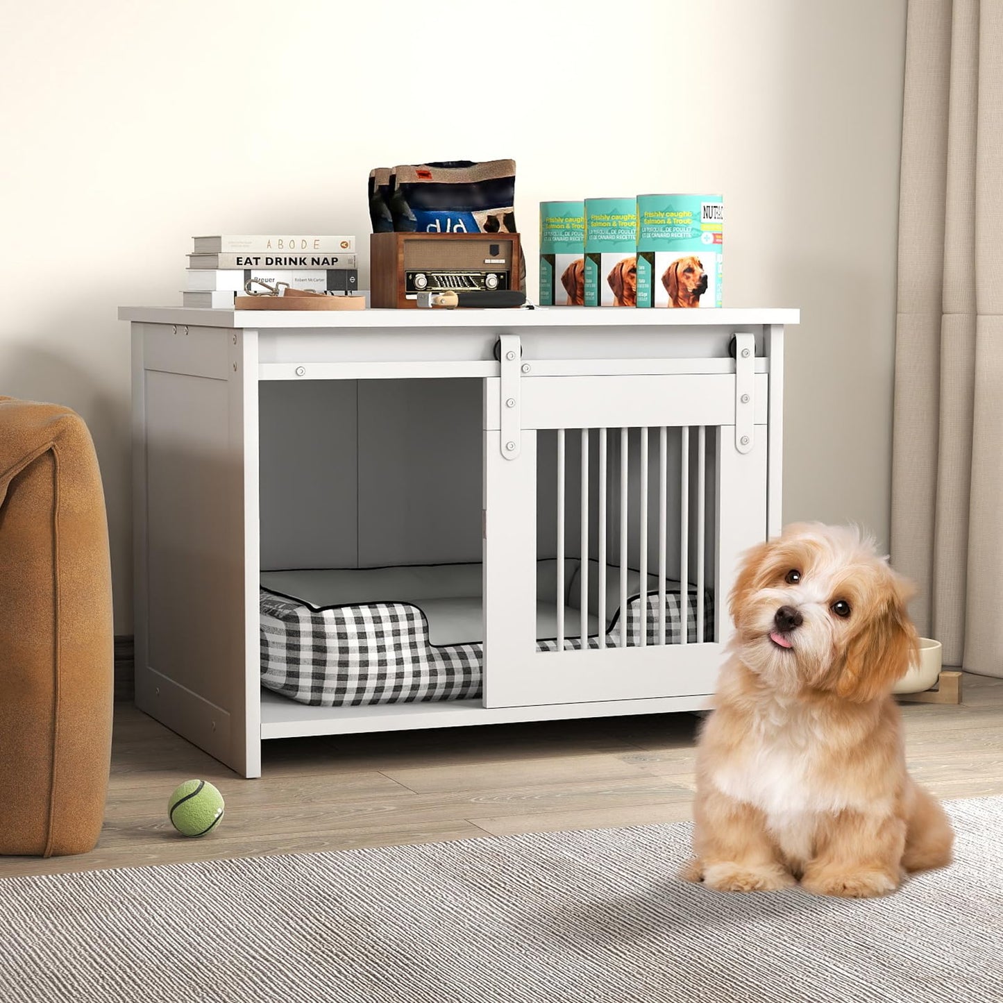 Modern Dog Crate Wooden Dog Cage with Wide Tabletop and Door