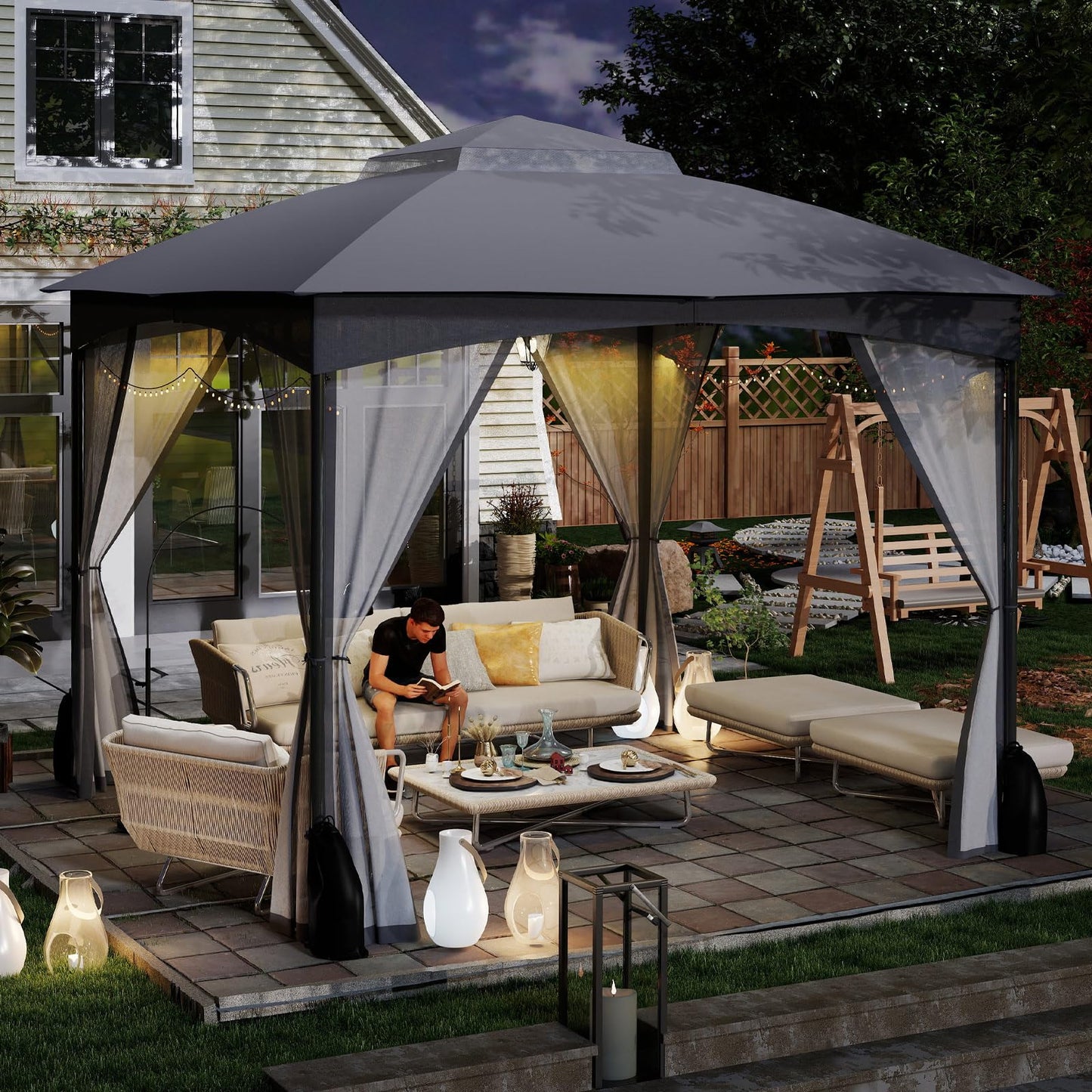 Garden Gazebo with Netting Sidewalls and 4 Sandbags