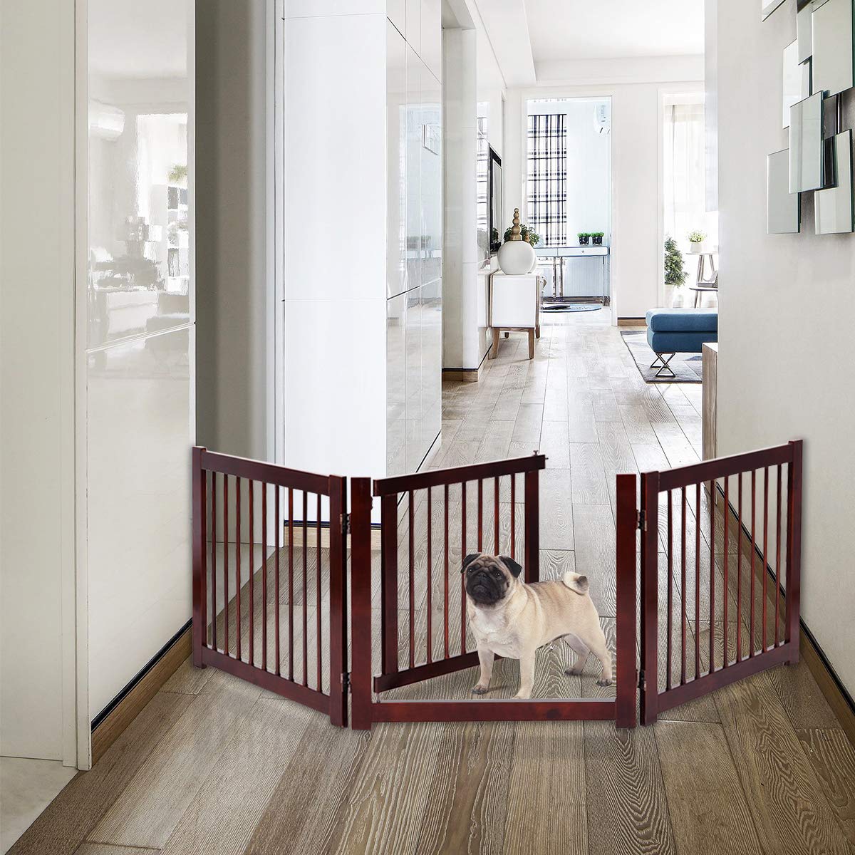 Freestanding Foldable Wooden Pet Gate with 360°Hinges and Lockable Door